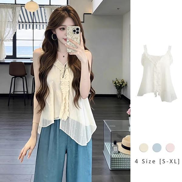 mimi&didi[สินค้าพร้อมส่ง]เสื้อกล้ามคอวีสไตล์ฝรั่งเศสสำหรับผู้หญิง,สไตล์หวานอ่อนโยน,สินค้าสำหรับใส่ในและนอกวันหยุด#99412