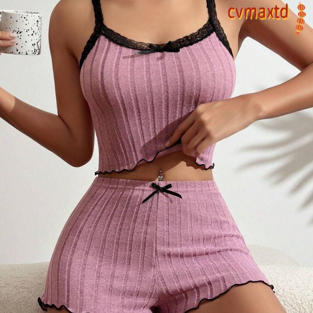 ICVMAX 2 ชิ้นผู้หญิง Ribbed ถักชุดนอนชุด,น่ารักลูกไม้ Trim Lettuce Hem กางเกงขาสั้น, Soft Bow Cami C