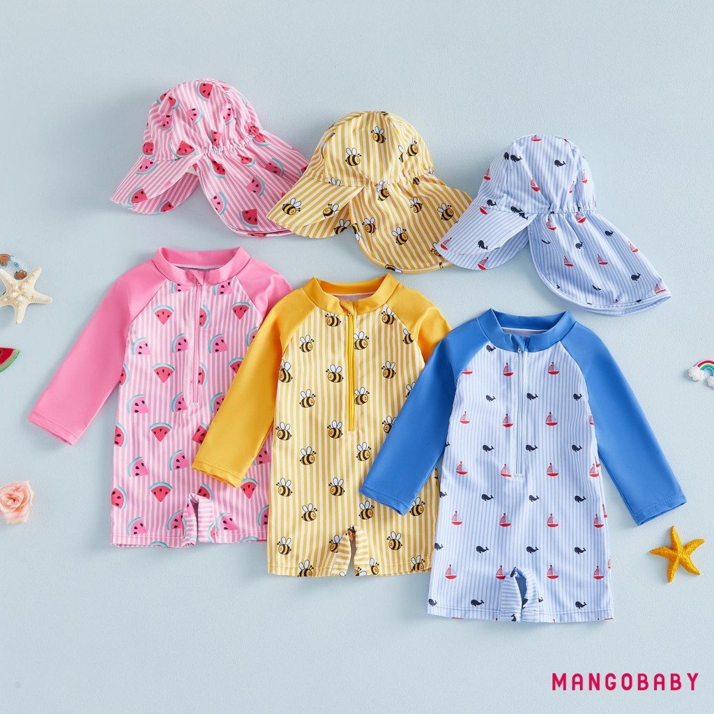 MG-Baby Rash Guard ชุดว่ายน้ําหมวก 2 ชิ้นชุด Bee/แตงโม/Sailboat พิมพ์ลาย Zip Up ชุดว่ายน้ําแขนยาว
