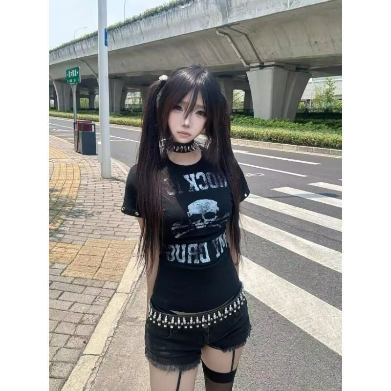 สไตล์อเมริกันไหล่ty2kเสื้อพิมพ์สไตล์ใหม่ฤดูร้อนPunkดูแขนสั้นหญิง正สาวร้อนTop Skull SlimmerดูB2TV