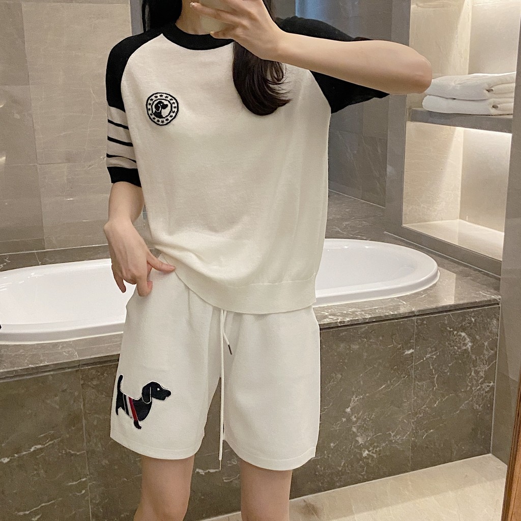 OACF Tom Browne Medal Puppy Jacquard Raglan แขนสั้นถักบางเสื้อยืดผู้หญิง 25 ฤดูร้อน Slimmer ดูสีคมชั