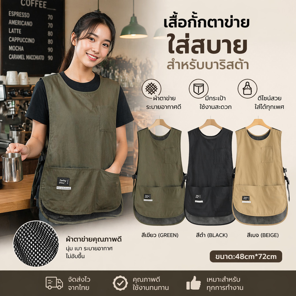 HM ผ้ากันเปื้อน กันน้ำ ผ้ากันเปื้อนแขนกุดแบบตาข่าย แห้งไว ไม่อับ ปรับสายได้ สำหรับชายและหญิง ทำอาหาร ห้องครัว ร้านกาแฟ
