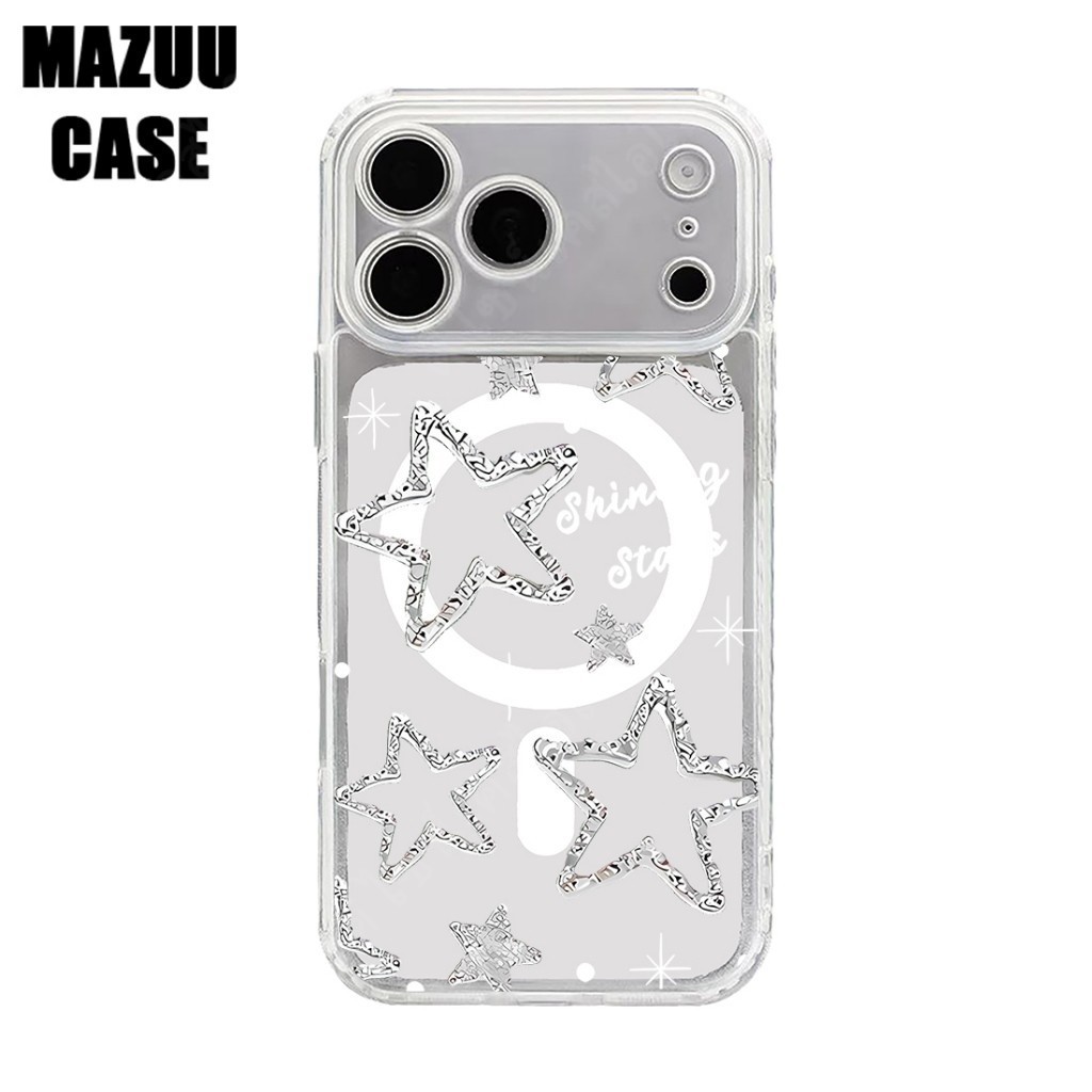 เคสไอโฟน แม่เหล็กใส TPU ครอบเลนส์เต็มตัว ลายดาวสีเงินสไตล์มินิมอล iPhone 17 16 15 14 13 12 11 Pro Max Plus