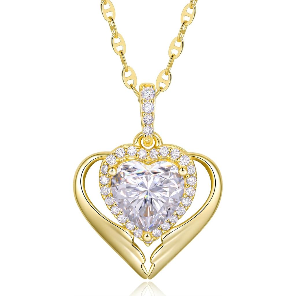 TUHE Moissanite สร้อยคอ 0.61-3.27 กะรัตสร้อยคอหัวใจแกะสลัก I LOVE YOU, 14K Gold สร้อยคอผู้หญิง 925 เ