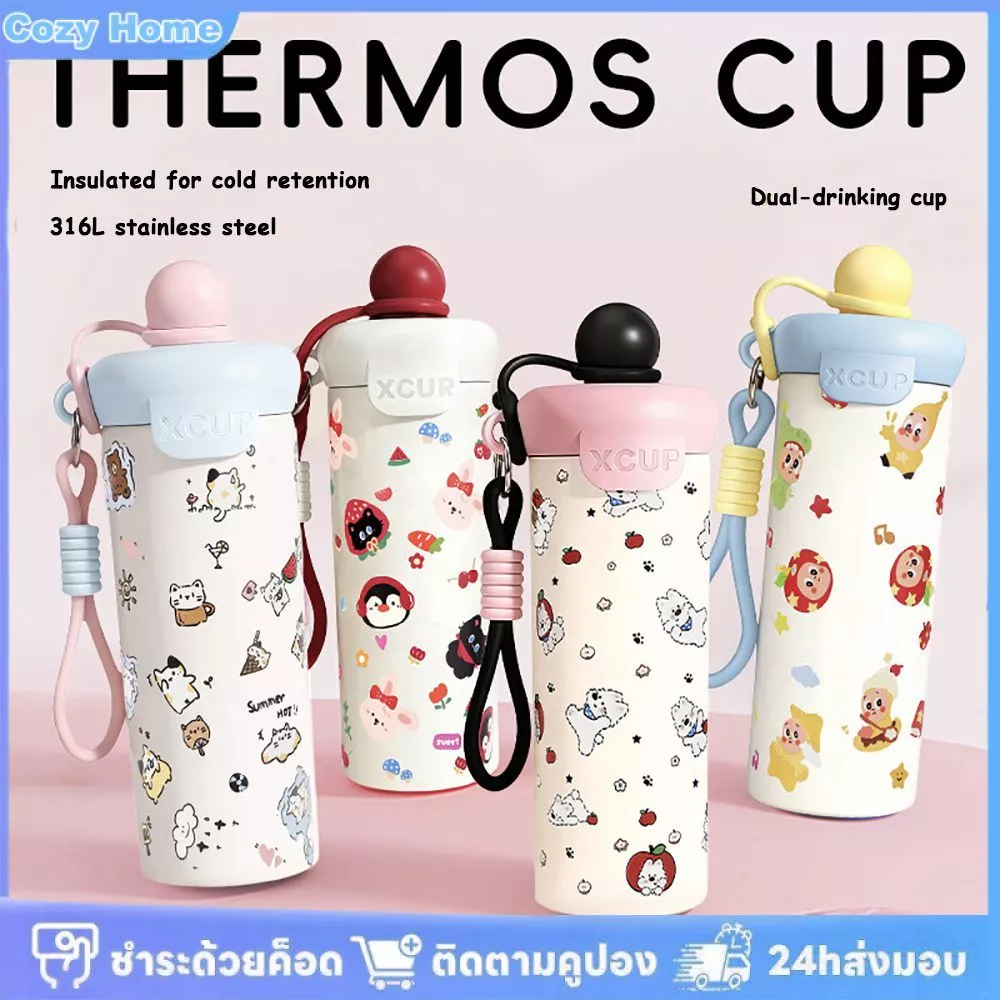 แก้วเก็บความร้อนสแตนเลสลายการ์ตูน ความจุ 600 มล. สำหรับกาแฟ พกพาสะดวก สำหรับกิจกรรมกลางแจ้ง กีฬา พร้อมหลอดดูดน้ำ