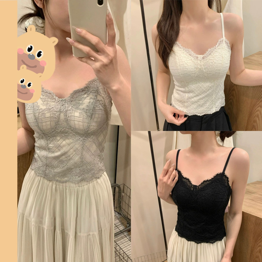 🎀bearbra🎀เสื้อกล้ามสายเดี่ยวลูกไม้ มีตะขอปรับได้ มีแผ่นเสริมอก ใส่สบาย