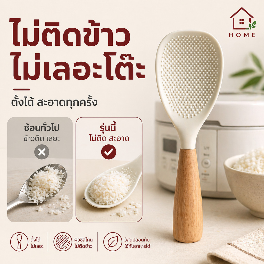 Home007 ทัพพีซิลิโคน ไม่ติดข้าว ตั้งได้ ไม่เลอะ ด้ามไม้ Food Grade ทนความร้อน Rice Spoon