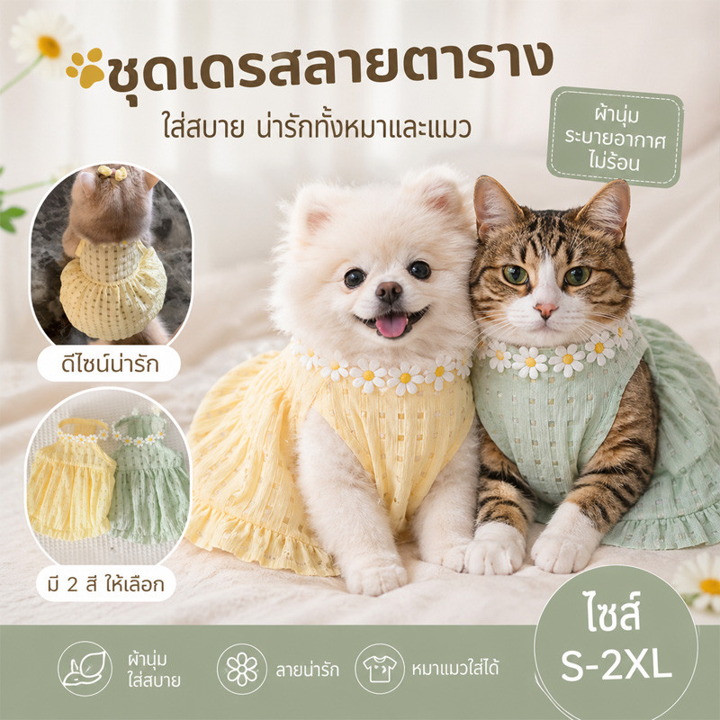 ชุดแมวฤดูใบไม้ผลิ-ฤดูร้อน กระโปรงสัตว์เลี้ยง เสื้อผ้าแมว ลายน่ารัก ความสง่างาม ความสง่างาม สบาย