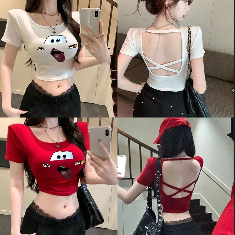 บอดี้สูทผู้หญิง เสื้อผ้าคนอ้วนไซซ์ใหญ่ เสื้อโชว์หลังแซ่บๆ เสื้อเชิ้ตครอปสไตล์เกาหลี ฤดูร้อนใหม่ มีหลายสีให้เลือก เหมยลี่