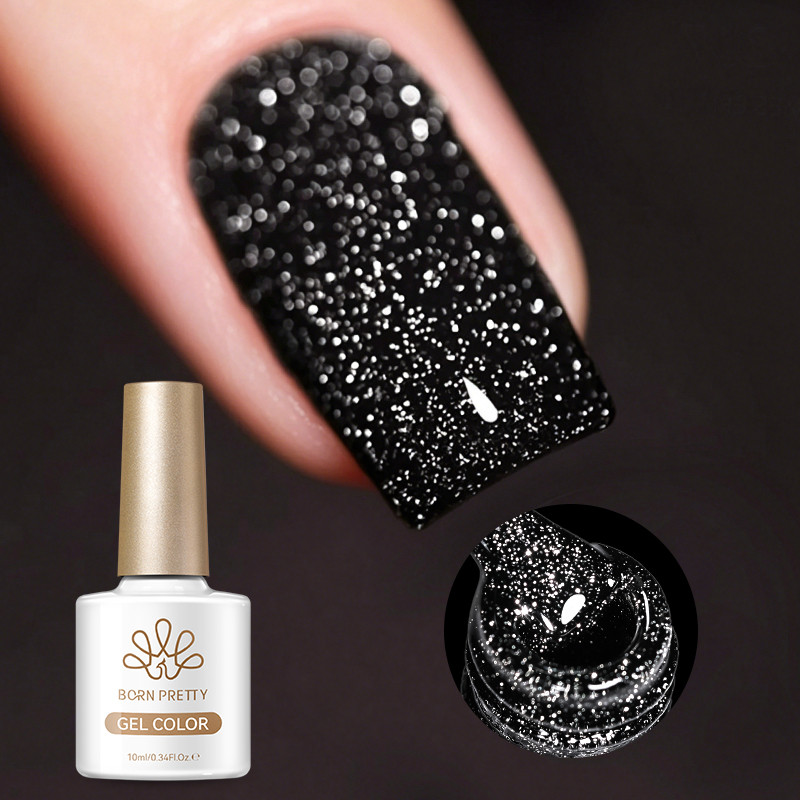 BORN PRETTY Balck สะท้อนแสง Glitter เล็บเจล 10ml Super ultra Shine Soak Off UV เจลเล็บเคลือบเงาเล็บเล็บ