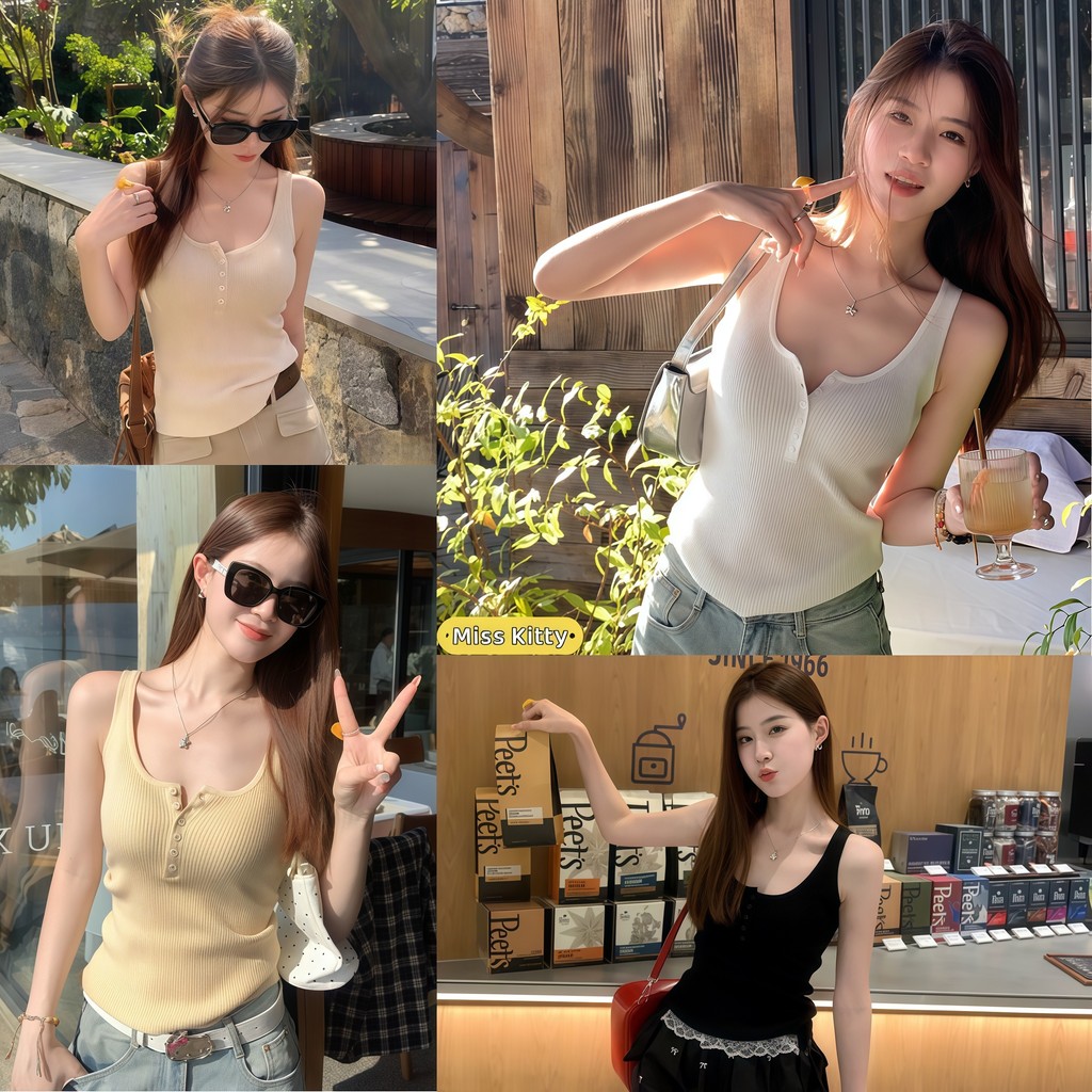 Miss Kitty เสื้อกล้าม ผ้าถัก สไตล์เกาหลี สีเรียบ เก็บเอวให้ดูผอม -M0360