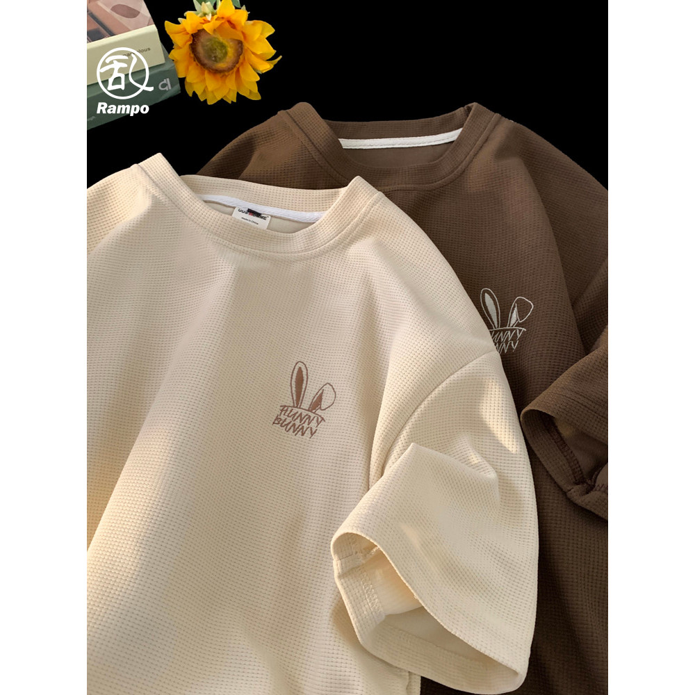 Waffle เสื้อยืดแขนสั้นผู้ชายฤดูร้อน Heavy Simple อินเทรนด์ Street สวมใส่ All-Match หลวม Casual Embro