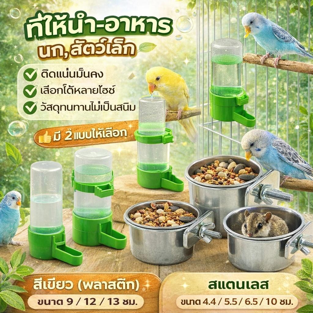 ชามอาหารนกสแตนเลส ที่ให้น้ำและอาหารอัตโนมัติ เหมาะสำหรับนกแก้ว แขวนกรงได้