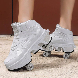 Big สี่ล้อ Pulley รองเท้าชายหญิงเด็ก Runaway Shoelaces ล้อกีฬารองเท้าสเก็ตบอร์ดกลางแจ้ง Double-Row Roller Skates One-Button สวิทช์ Au