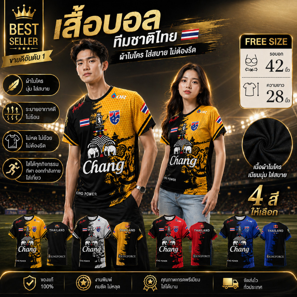 สินค้าใหม่ 🇹🇭เสื้อบอล เสื้อวิ่ง เสื้อกีฬา ผ้าไมโคร พิมพ์ลายทั้งตัว ฟรีไซส์ อก-42- นิ้ว BALL-001 B-R-W-Y
