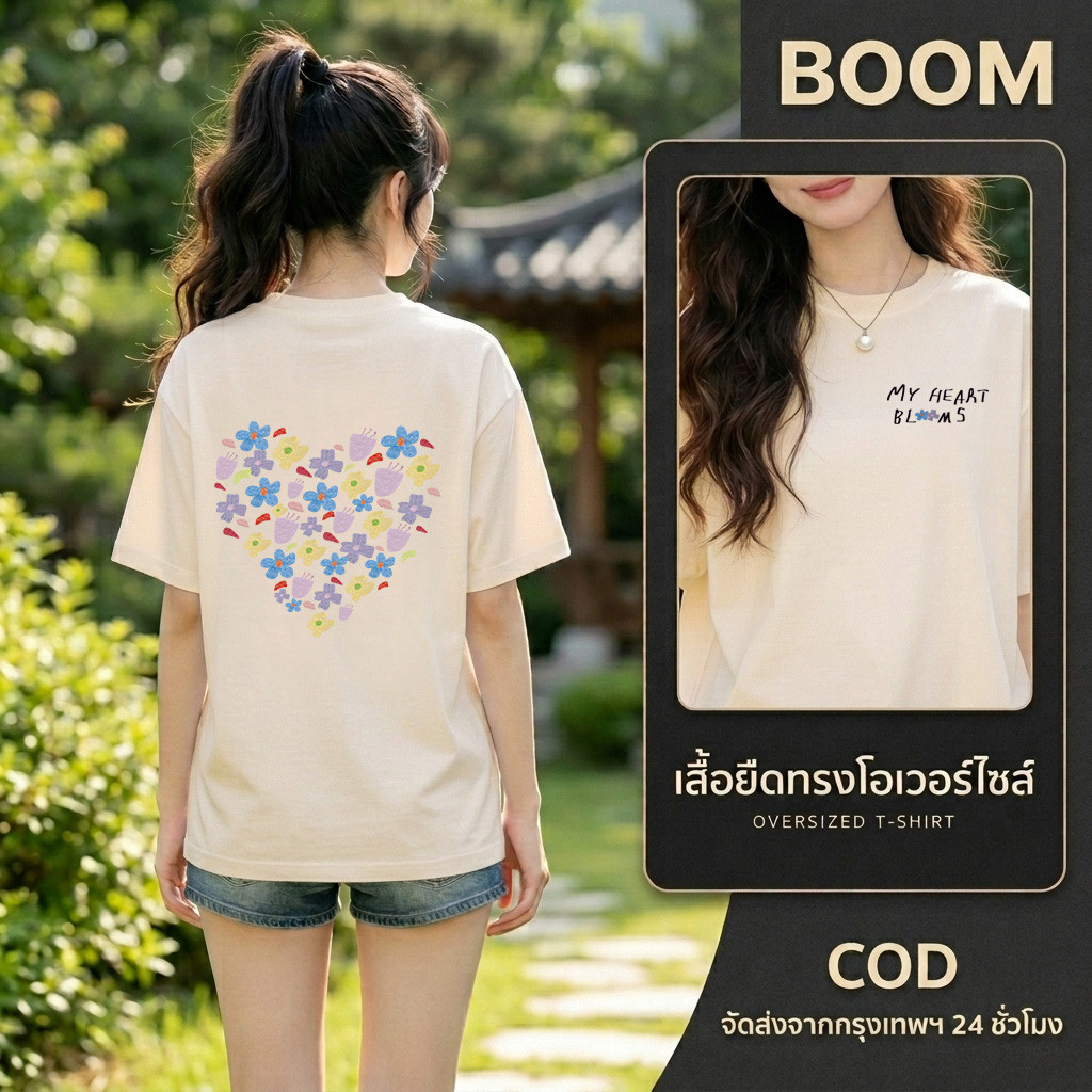 BOOM แฟชั่นเกาหลี เสื้อยืดคอกลมแขนสั้น ทรงOversize ผ้าฝ้าย สวยๆ เสื้อสาวอวบ สกรีนลาย MY HEART BLOOMS