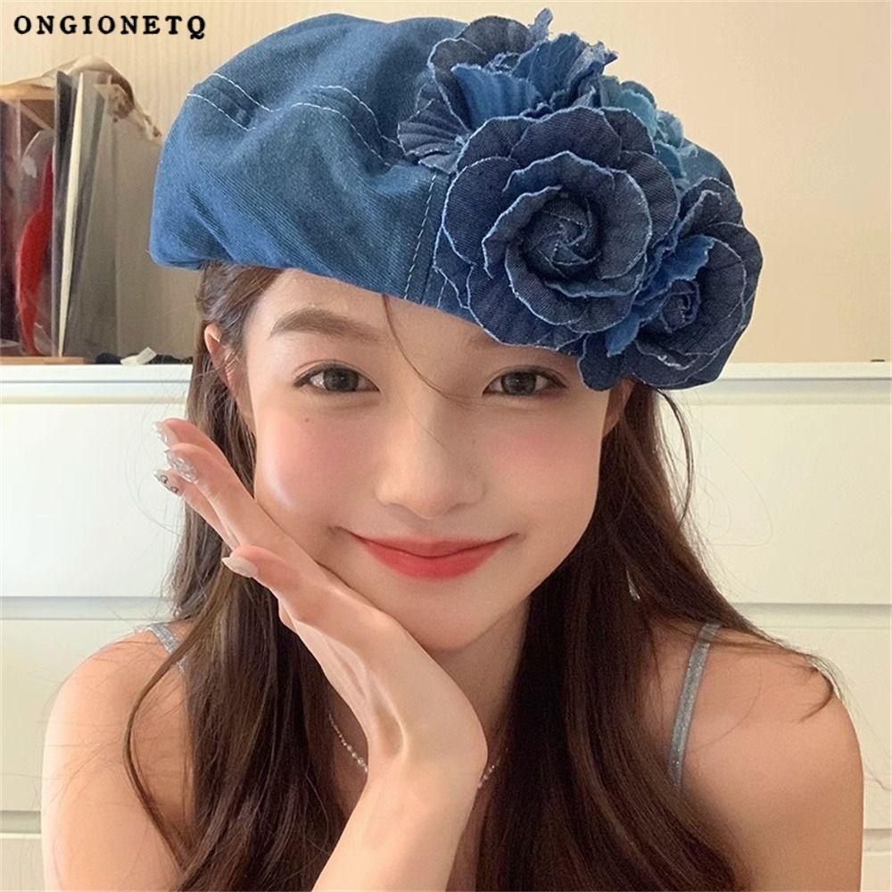 ONGIONETQ Fluffy Beret หมวก, Denim สี Camellia Cotton Painter หมวก, แฟชั่นฤดูใบไม้ผลิและฤดูร้อนสบายๆดอกไม้ Beret หมวก