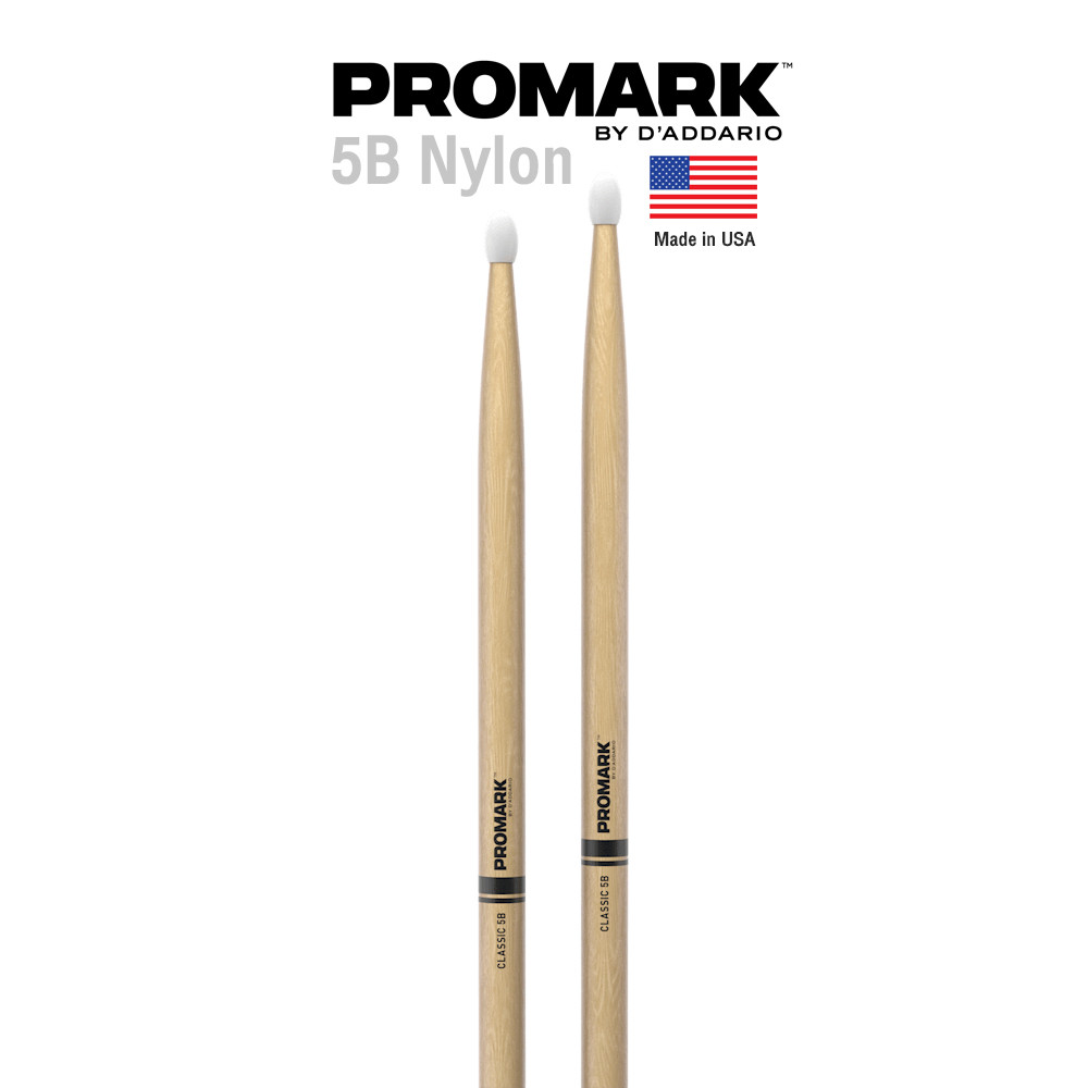 Promark™ ไม้กลอง 5B หัวไนลอน (Classic 5B Hickory Nylon Tip Drumstick) รุ่น TX5BN ** Made in USA **