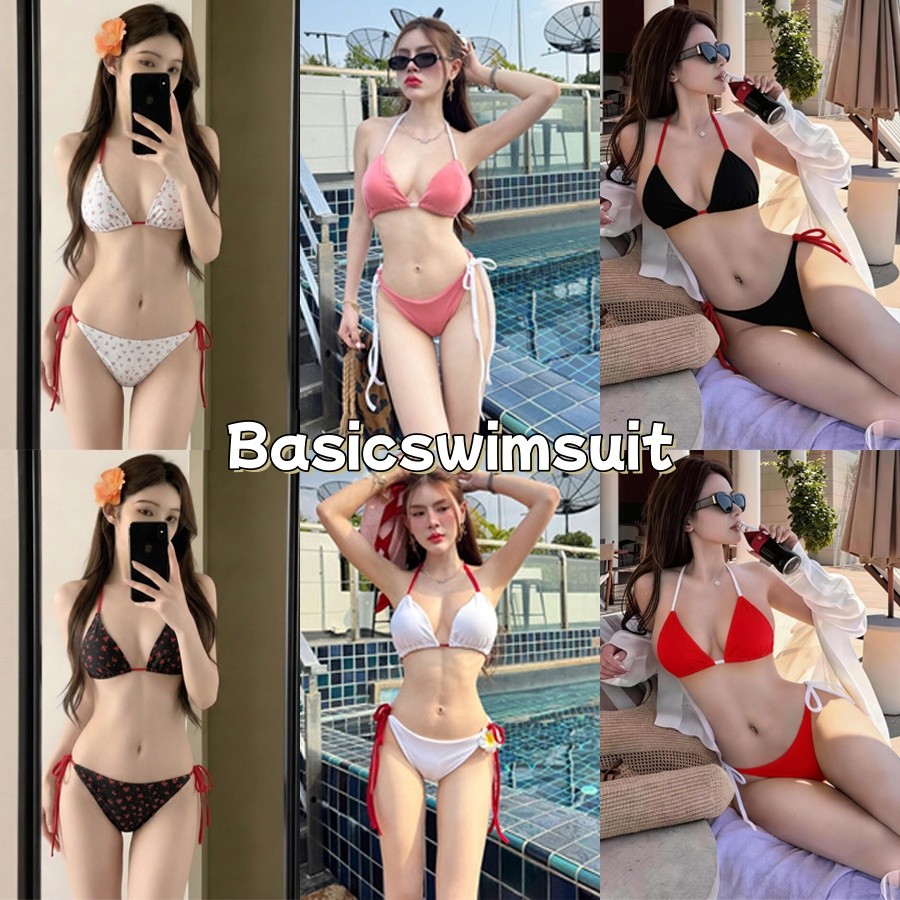 🧡Basic swimsuit💛 บิกินี่ทะเล ชุดบิกินี่ ชุดว่ายน้ำแฟชั่น เซ็ต2ชิ้น คล้องคอ ลวดลายดอกไม้ มีหลายสีให้เลือก