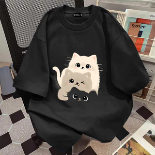 YOU-T🐆เสื้อแฟชั่น ใส่สบาย เสื้อยืดแขนสั้น ลาย เสื้อ"Three cats" ผ้านิ่ม OVERSIZE แฟชั่น ผ้าฝ้าย 100% สไตล์เกาหลี