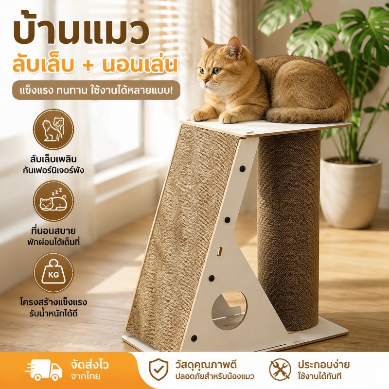 คอนโดแมว ลับเล็บแมว ไม้ 4-IN-1  ที่นอนแมว หลุมแมว บ้านแมวสำหรับ4-6ตัว ที่ลับเล็บแมวขนาดใหญ่ รับน้ำหนักได้ดี ประกอบง่าย