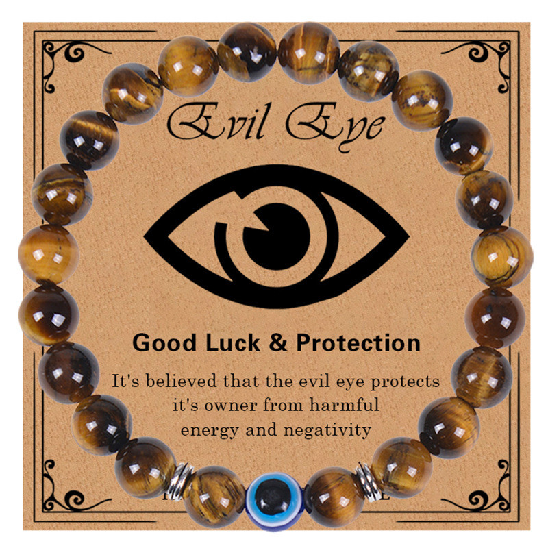 ขายร้อน 8 มม. Evil Eye สร้อยข้อมือธรรมชาติ Tiger Eye Stone Devil Eye สร้อยข้อมือลูกปัดการ์ดของขวัญ