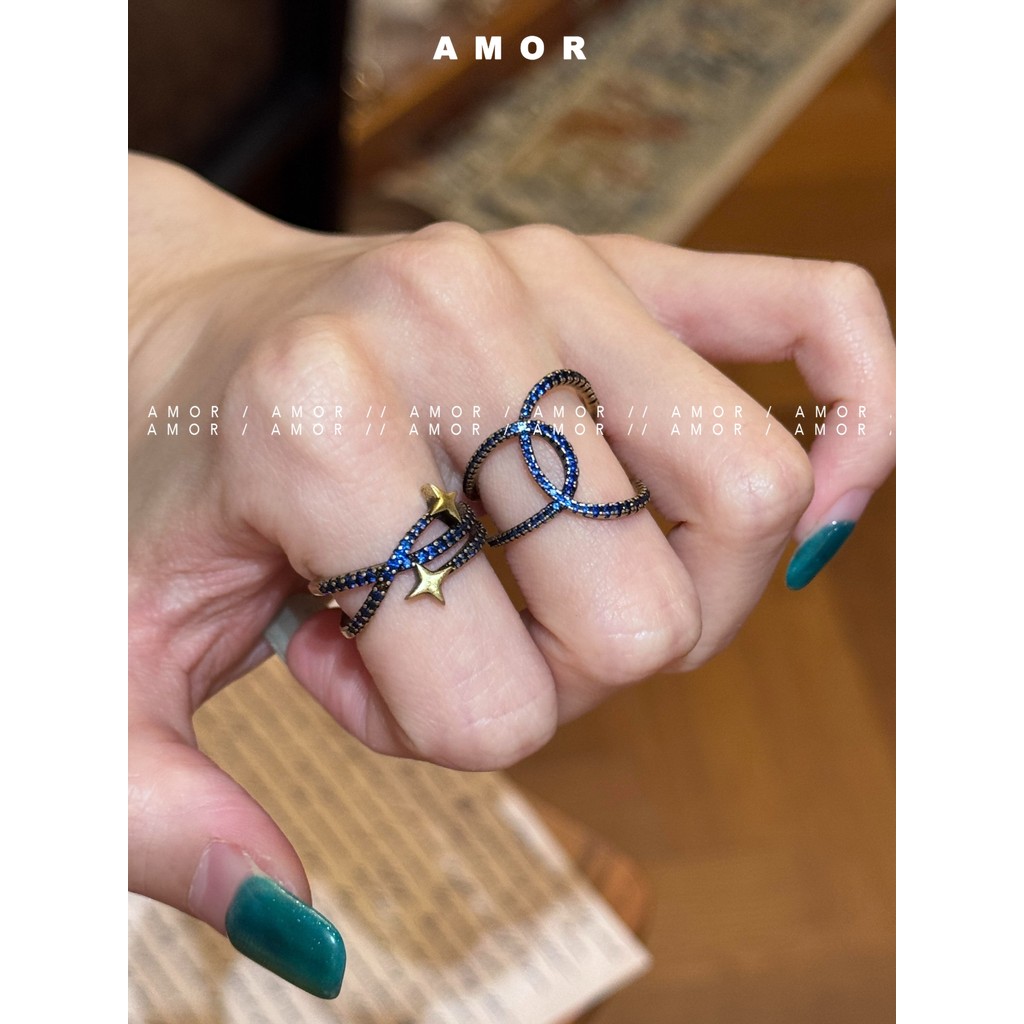 Vintage Blue Gold Color Matching Line Star Ring, Niche Luxury Minimalist Designer Aesthetic Hand Jewelry, Elegant Fashion Finger Ring for Ladies