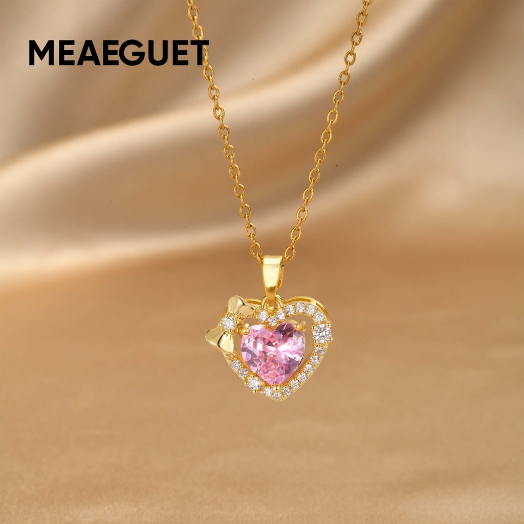 Meaeguet Pink Zircon สร้อยคอหัวใจสําหรับผู้หญิงสร้อยคอจี้ทองของขวัญวันเกิดวาเลนไทน์