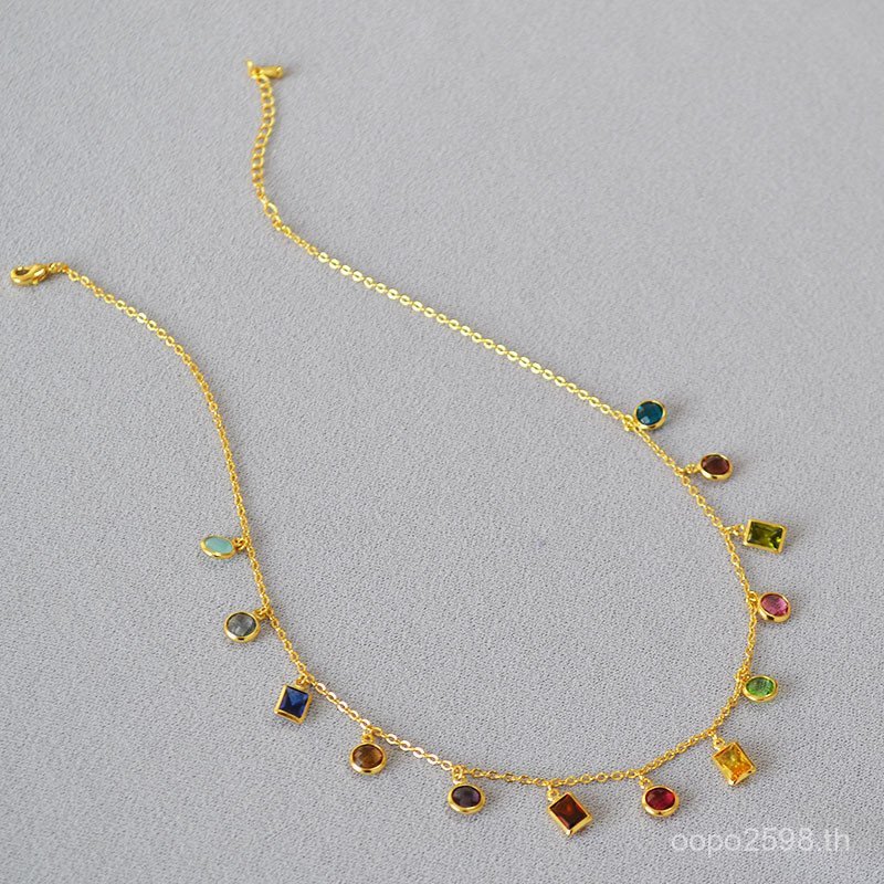 หิน Retro สีสัน Clavicle Chain Zirconium สร้อยคอฝรั่งเศส Niche Design แฟชั่น High-End หรูหราทองเหลือ