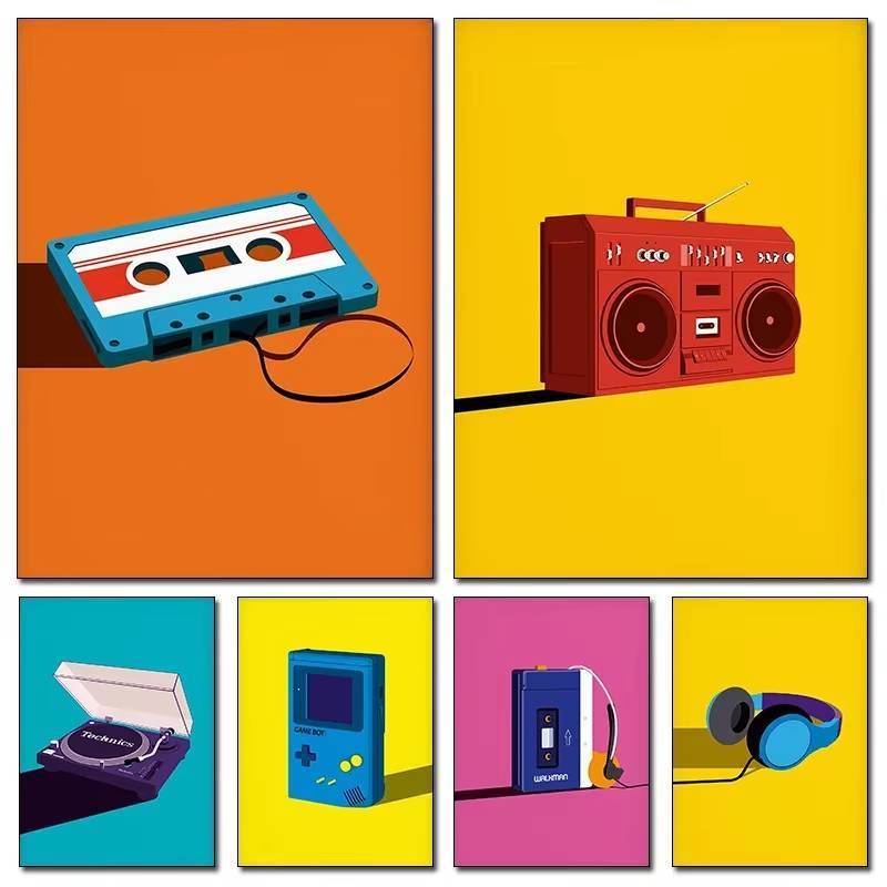 Pop 80s Cassette เทปบันทึก Deck เพลงโปสเตอร์ไม่มีกรอบผ้าใบภาพวาด Preppy Home Room Decor