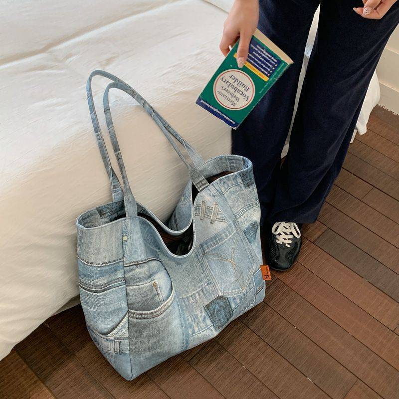 Lazy Style Washed Denim Tote Bag Commuter Simple Casual All-Match