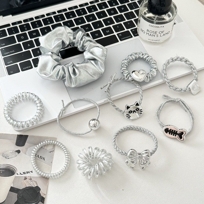 Y2k Scrunchies โลหะเงินสีขนาดกลางผม Tie หวานยืดหยุ่นผมผู้หญิงอุปกรณ์เสริมผมทุกวัน Headwear