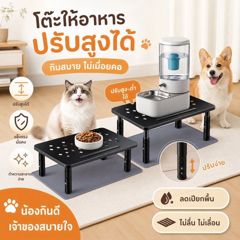 ที่วางชามอาหารสัตว์เลี้ยง ฐานยกชาม ปรับระดับได้ กันลื่น โลหะ ทนทาน สุนัข แมว ลดก้มคอ