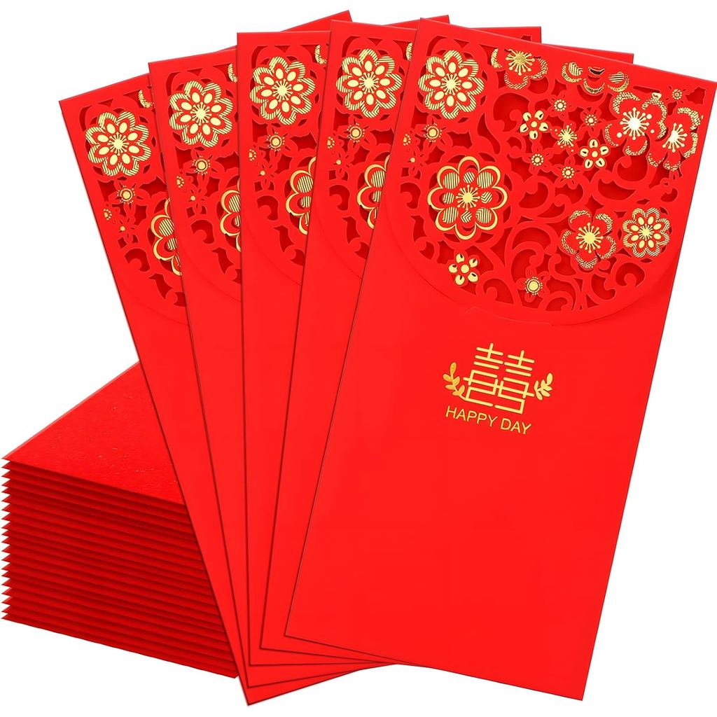20 ชิ้นซองแดงจีน, ใหญ่ 3.4 x 7 นิ้วคู่  Hong Bao Lucky Money Cash ซอง, ดอกไม้หรูหรา Hollow-Out ซองสี