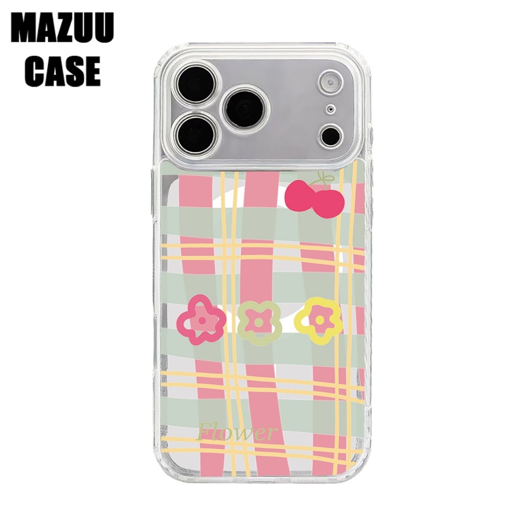 เคสไอโฟน แม่เหล็กใส TPU ครอบเลนส์เต็มตัว ลายตารางสีพาสเทลพร้อมดอกไม้และเชอร์รี่ iPhone 17 16 15 14 13 12 11 Pro Max Plus