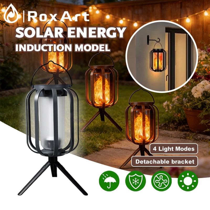 Roxart 2in1โคมไฟพลังงานแสงอาทิตย์ LED กลางแจ้ง กันน้ำ เปลวไฟกะพริบ แขวนหรือวางโต๊ะ ตกแต่งสวน ระเบียง