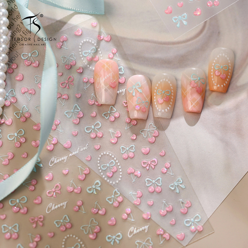 [Meow.Sensei] TENSOR Jelly Cream Style Cherry Handbook Nails Sticker M-1085 Korean Style Gentle Simple Cherry Bow