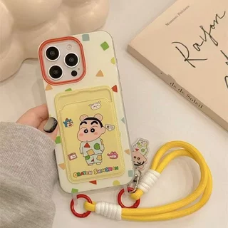 CODที่ไทย เคสสำหรับไอโฟน15 ชินจานชุดนอน เคสช่องใส่การ์ด สายข้อมือ For iPhone17 16 11 12 13PROMAX 14 15PLUS 7/8 SE2 XS XR