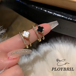 PLOYBRIL COD💖แหวนเปิดนิ้วรูปดอกโคลเวอร์สี่แฉกสองชั้นสำหรับผู้หญิง แหวนนิ้วชี้อเนกประสงค์หรูหรา J038