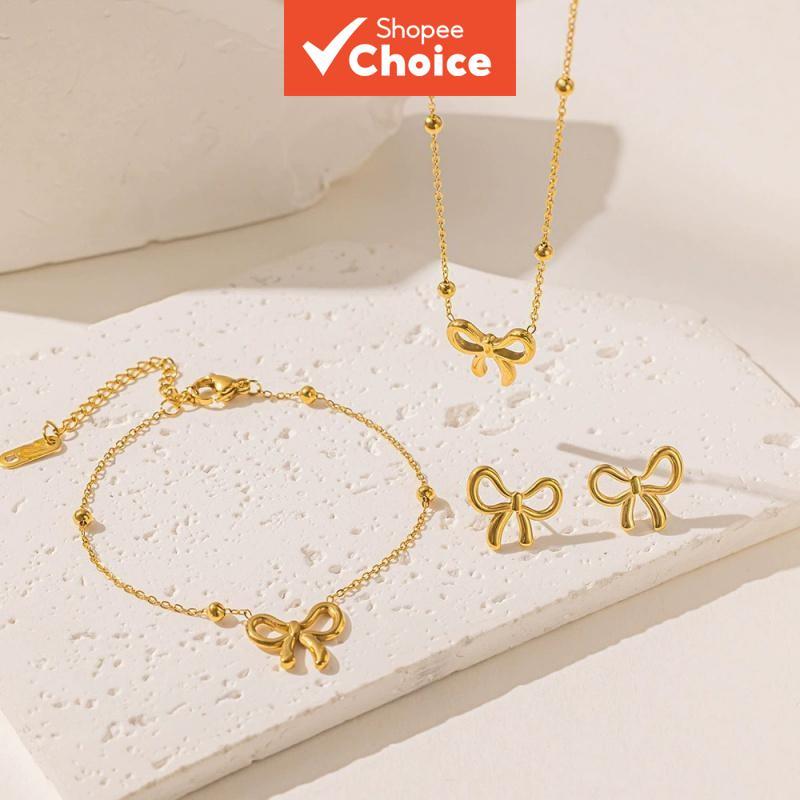 โบว์จี้3ชิ้นชุดเครื่องประดับสแตนเลส,สร้อยคอต่างหูสร้อยข้อมือสําหรับผู้หญิง