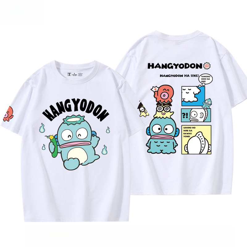 เสื้อยืดแฟน Sanrio ลาย Hangyodon หน้าหลัง ผ้าฝ้าย คอกลม มีไซส์ S-5XL ใส่ได้ทั้งชายและหญิง