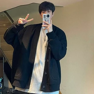 ญี่ปุ่นย้อนยุคลายเสื้อเย็บปลอมสองชิ้นเสื้อกันหนาวคาร์ดิแกนผู้ชายผู้หญิงฤดูใบไม้ผลิฤดูใบไม้ร่วงสีกรมท่าถักเสื้อแขนยาว