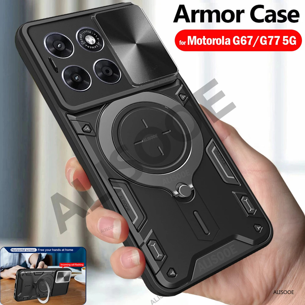 ฝาครอบกล้องสไลด์สําหรับ Motorola Moto G67 5G G77 5G กรณีแหวนแม่เหล็ก Kickstand โทรศัพท์ Capa Funda
