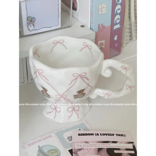 แก้วมินิมอล แก้วเซรามิค แก้วนม แก้วกาแฟ แก้วน่ารัก ใช้ไมโครเวฟได้หมีโบว์🎀 พร้อมส่ง