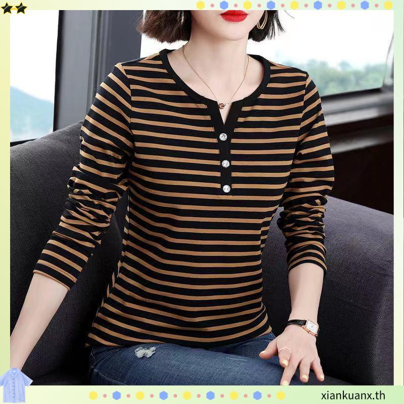 M ~ 5xl Plus ขนาดผู้หญิงแขนยาวลายเสื้อยืดผู้หญิงฤดูใบไม้ร่วงเวอร์ชั่นเกาหลีหลวม Slimmer ดูปกเนื้อรอบ