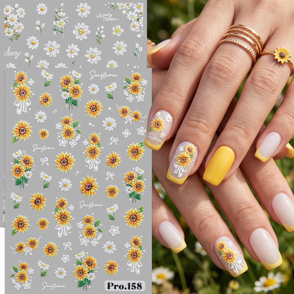 HAMA น่ารัก 3D ดอกไม้เล็บสติกเกอร์สไตล์เกาหลี Daisy Sunflower Lavender กบเล็บ Decals นูน DIY กดบนเล็บตกแต่งอุปกรณ์เสริม