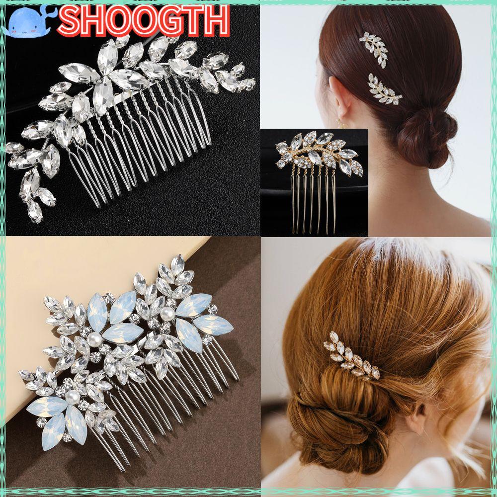 SHOGTH ดอกไม้ผม Pin ที่ละเอียดอ่อนแฟชั่น Pearl Leaves Tiara คลิปเจ้าสาว