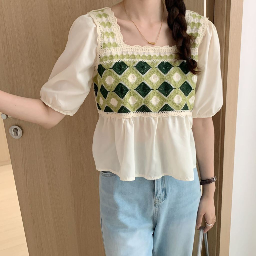 เสื้อ Fake-2-Piece Puff Hollow คอเหลี่ยม French Patchwork Crop Short Niche