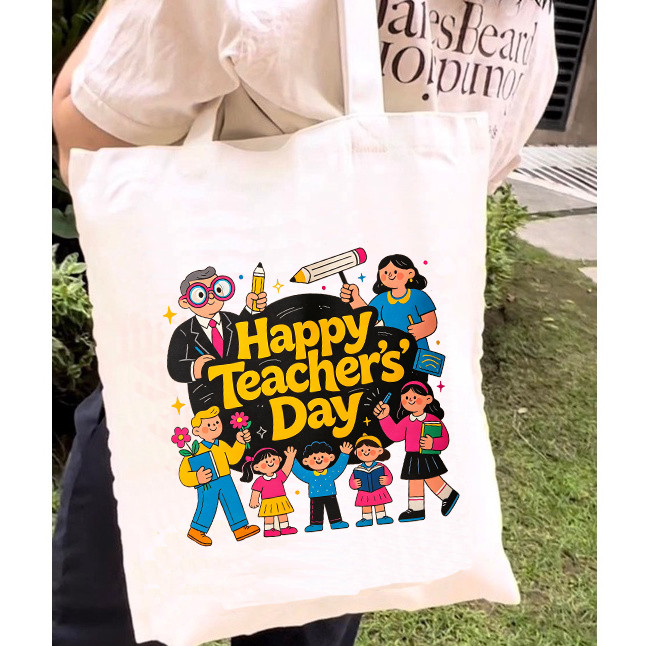 Beg Hari Guru / Teachers Day - Happy Teachers Day Cute Cartoon Canvas Tote Bag, Beg Canvas for Cikgu