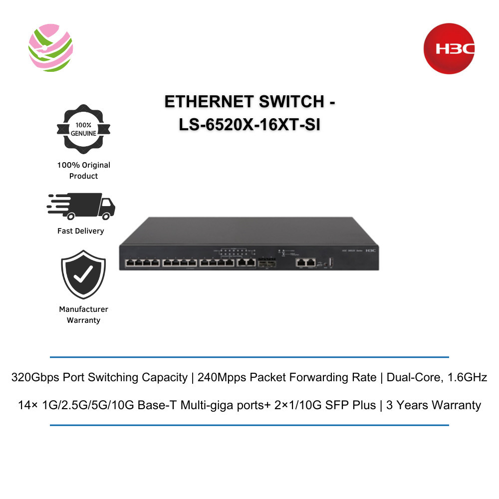 H3C LS-6520X-16XT-SI L3 10G ETHERNET SWITCH - 16 1G/2.5G/5G/10G BASE-T, 2SFP+, AC - LS-6520X-16XT-SI